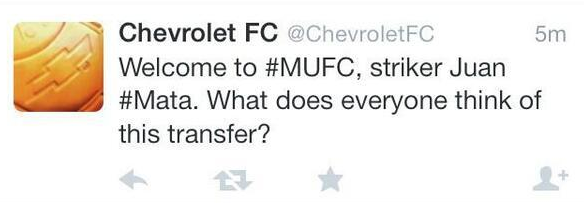 ข่าวแมนยู - เชฟโรเลตปล่อยไก่ทวีตต้อนรับมาต้า